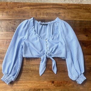 ZARA Bohemian Blue Gingham Puff Sleeve Crop Top – Size M